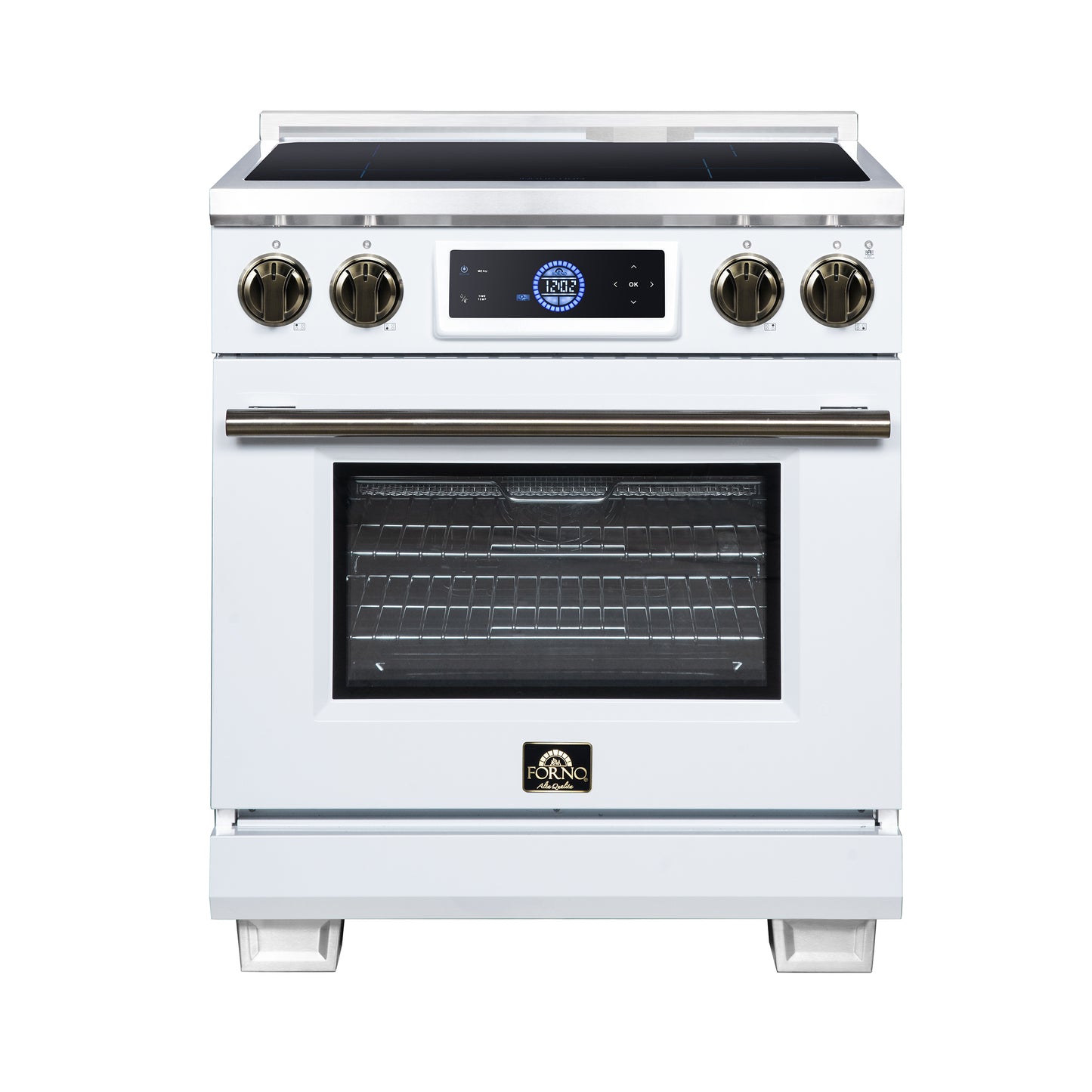 Maximus 30 Inch Induction Range, 8,800 Total Cooktop, 4.32 cf. True Convection Oven, Air Fryer, Air Sous Vide, White - Forno Appliances