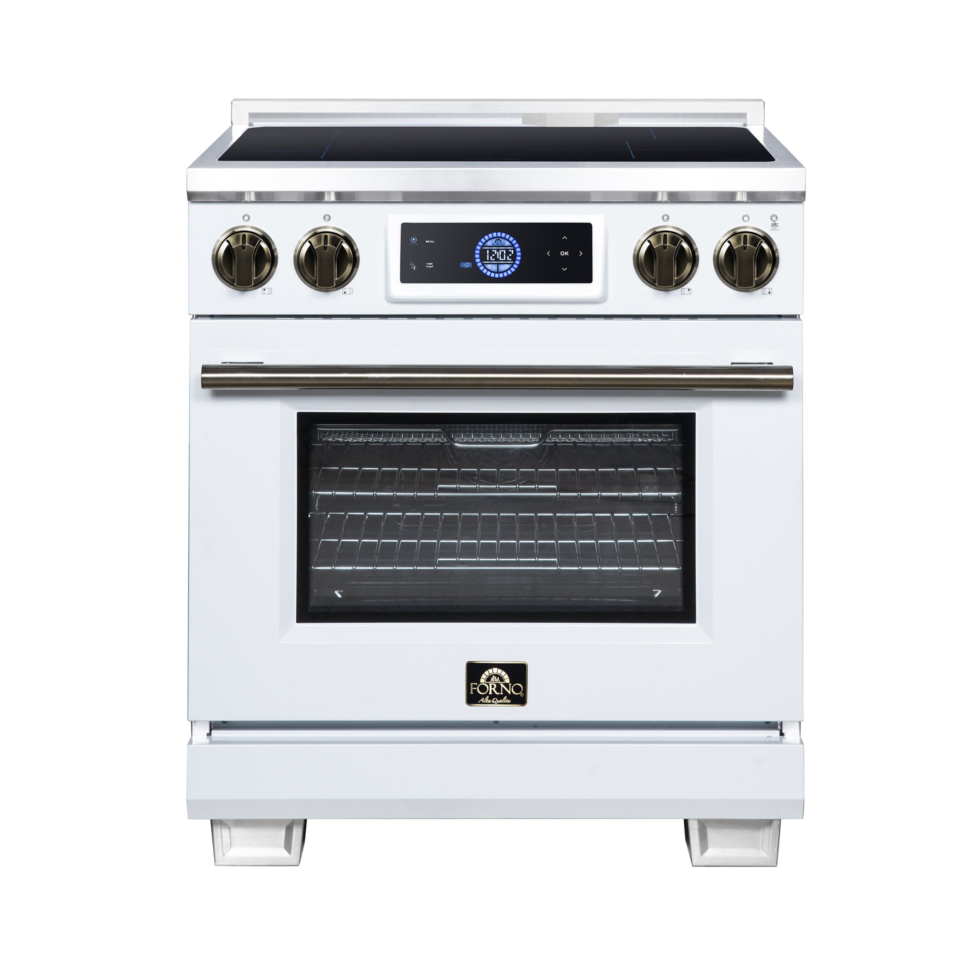 Maximus 30 Inch Induction Range, 8,800 Total Cooktop, 4.32 cf. True Convection Oven, Air Fryer, Air Sous Vide, White - Forno Appliances