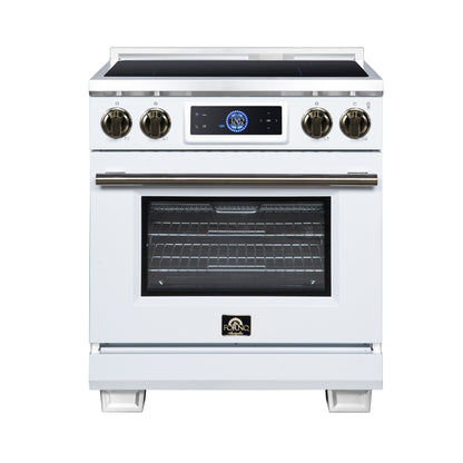 Maximus 30 Inch Induction Range, 8,800 Total Cooktop, 4.32 cf. True Convection Oven, Air Fryer, Air Sous Vide, White - Forno Appliances