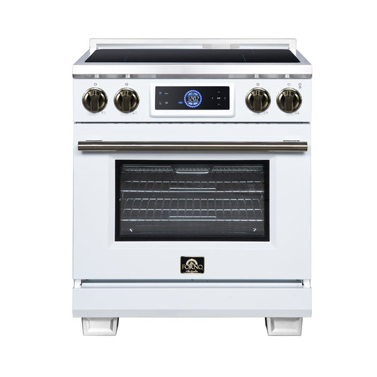 Maximus 30 Inch Induction Range, 8,800 Total Cooktop, 4.32 cf. True Convection Oven, Air Fryer, Air Sous Vide, White - Forno Appliances