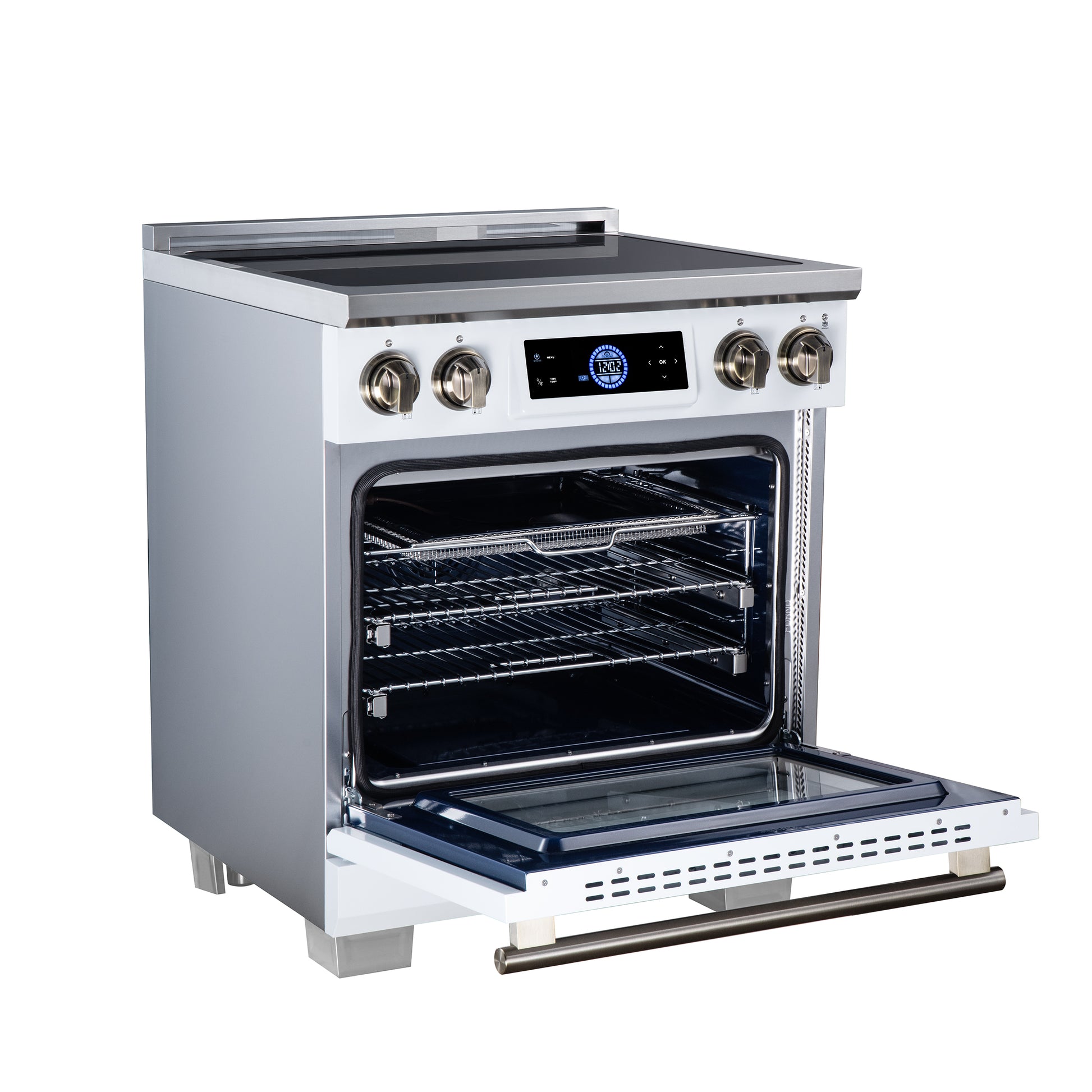 Maximus 30 Inch Induction Range, 8,800 Total Cooktop, 4.32 cf. True Convection Oven, Air Fryer, Air Sous Vide, White - Forno Appliances