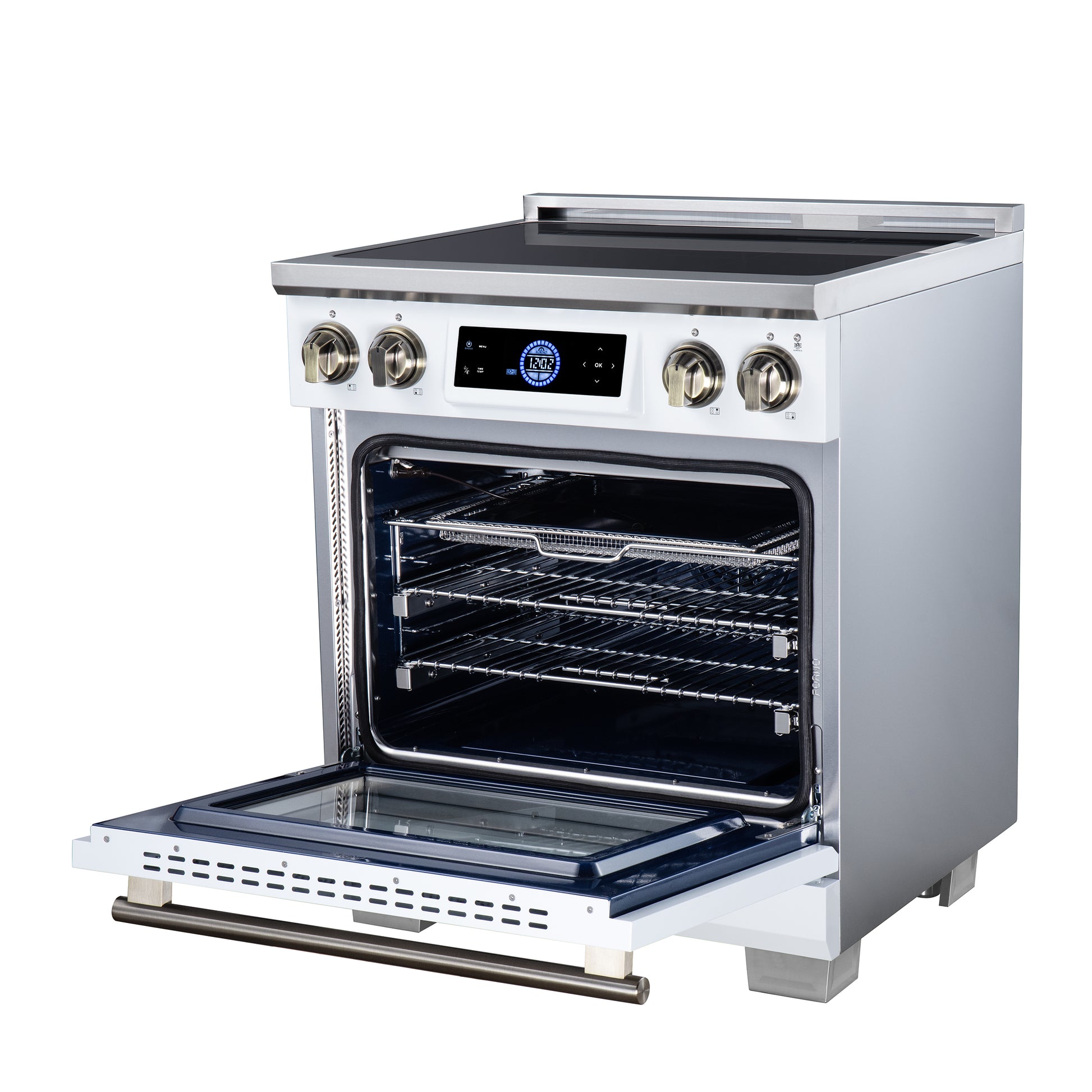 Maximus 30 Inch Induction Range, 8,800 Total Cooktop, 4.32 cf. True Convection Oven, Air Fryer, Air Sous Vide, White - Forno Appliances