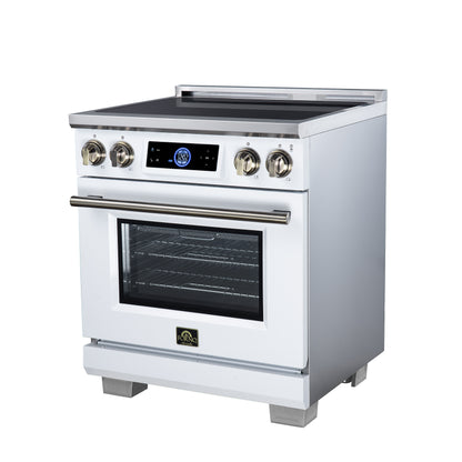 Maximus 30 Inch Induction Range, 8,800 Total Cooktop, 4.32 cf. True Convection Oven, Air Fryer, Air Sous Vide, White - Forno Appliances
