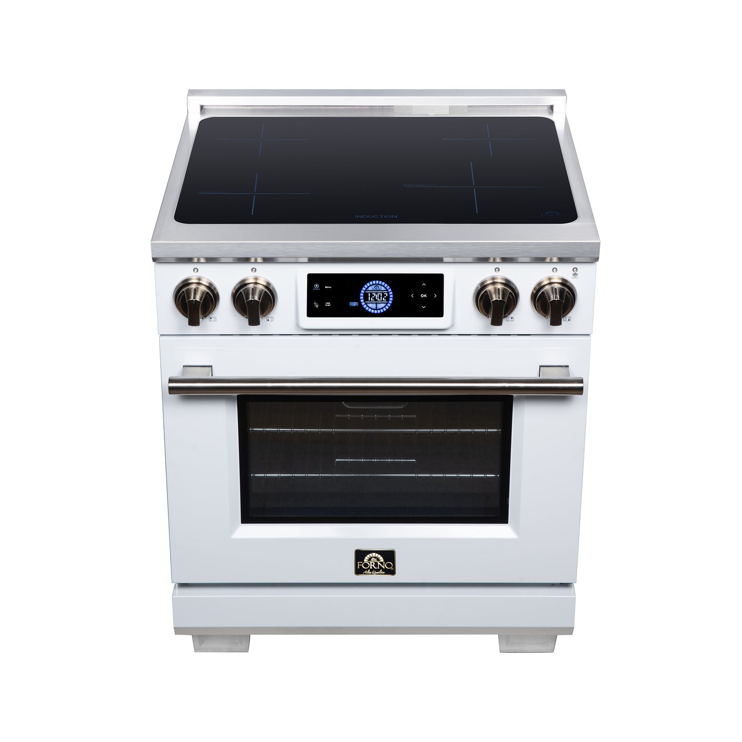 Maximus 30 Inch Induction Range, 8,800 Total Cooktop, 4.32 cf. True Convection Oven, Air Fryer, Air Sous Vide, White - Forno Appliances