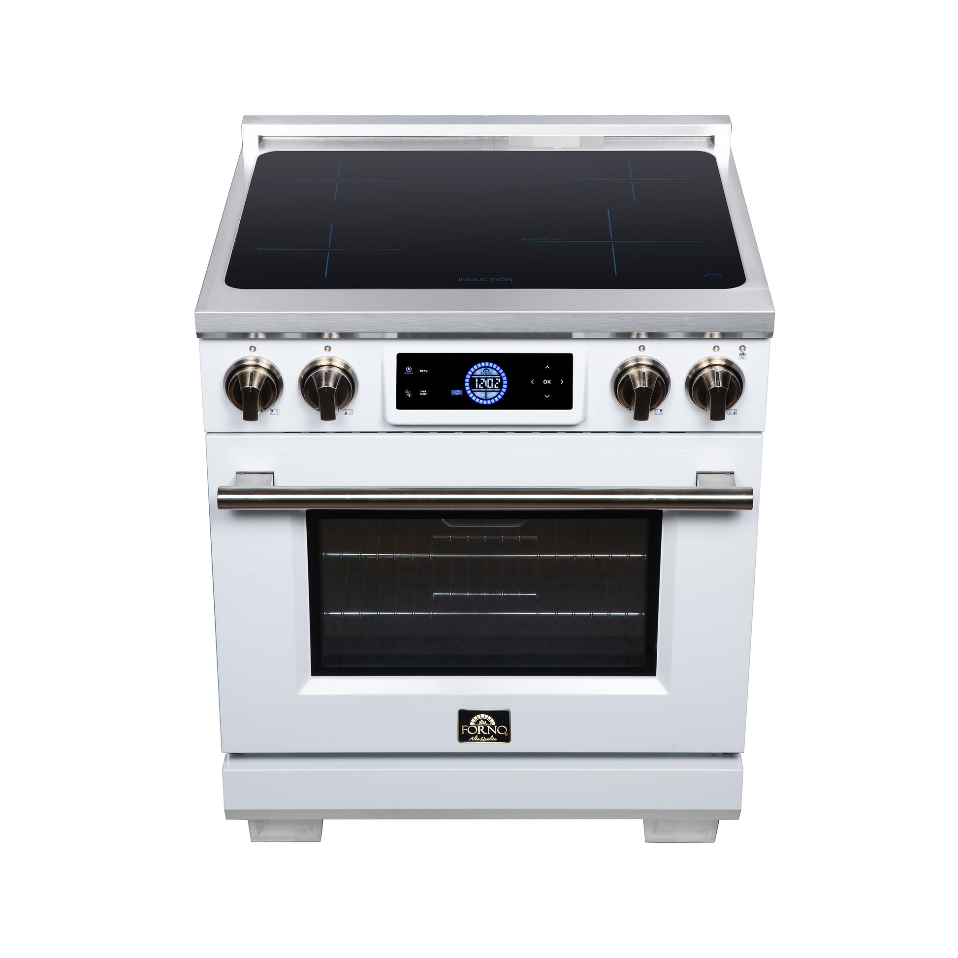 Maximus 30 Inch Induction Range, 8,800 Total Cooktop, 4.32 cf. True Convection Oven, Air Fryer, Air Sous Vide, White - Forno Appliances