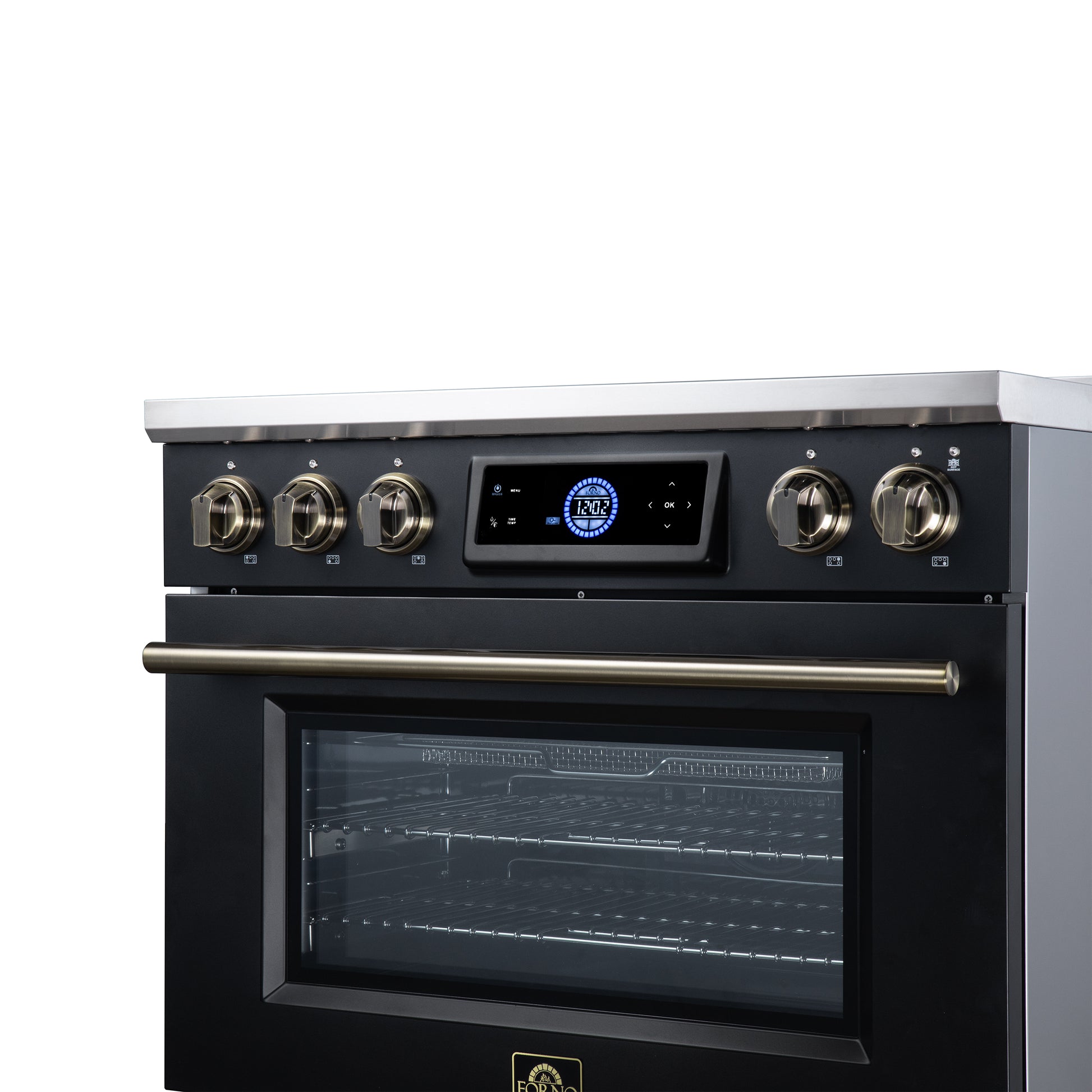 Maximus 36 Inch Induction Range, 10,900 Total Cooktop, 5.36 cf. True Convection Oven, Air Fryer, Air Sous Vide, Black - Forno Appliances