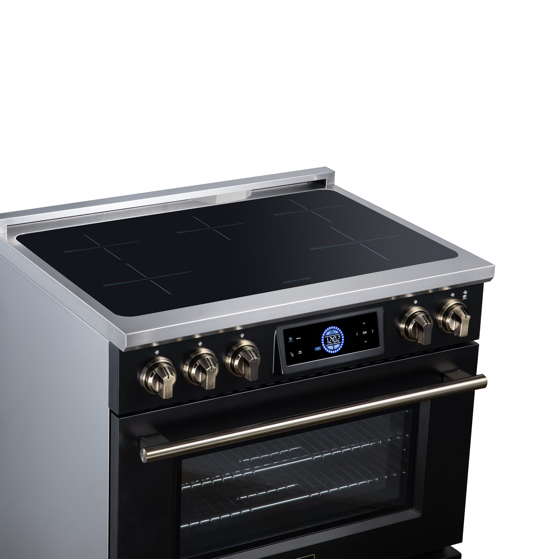 Maximus 36 Inch Induction Range, 10,900 Total Cooktop, 5.36 cf. True Convection Oven, Air Fryer, Air Sous Vide, Black - Forno Appliances
