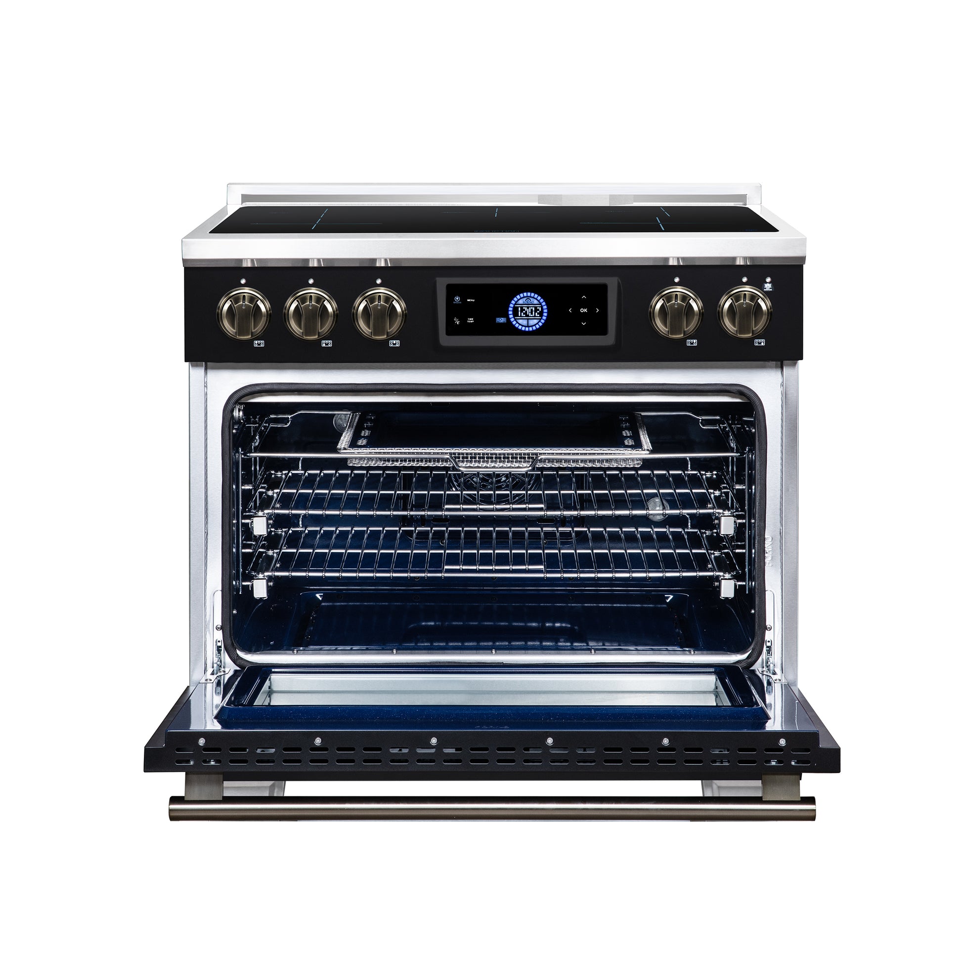 Maximus 36 Inch Induction Range, 10,900 Total Cooktop, 5.36 cf. True Convection Oven, Air Fryer, Air Sous Vide, Black - Forno Appliances