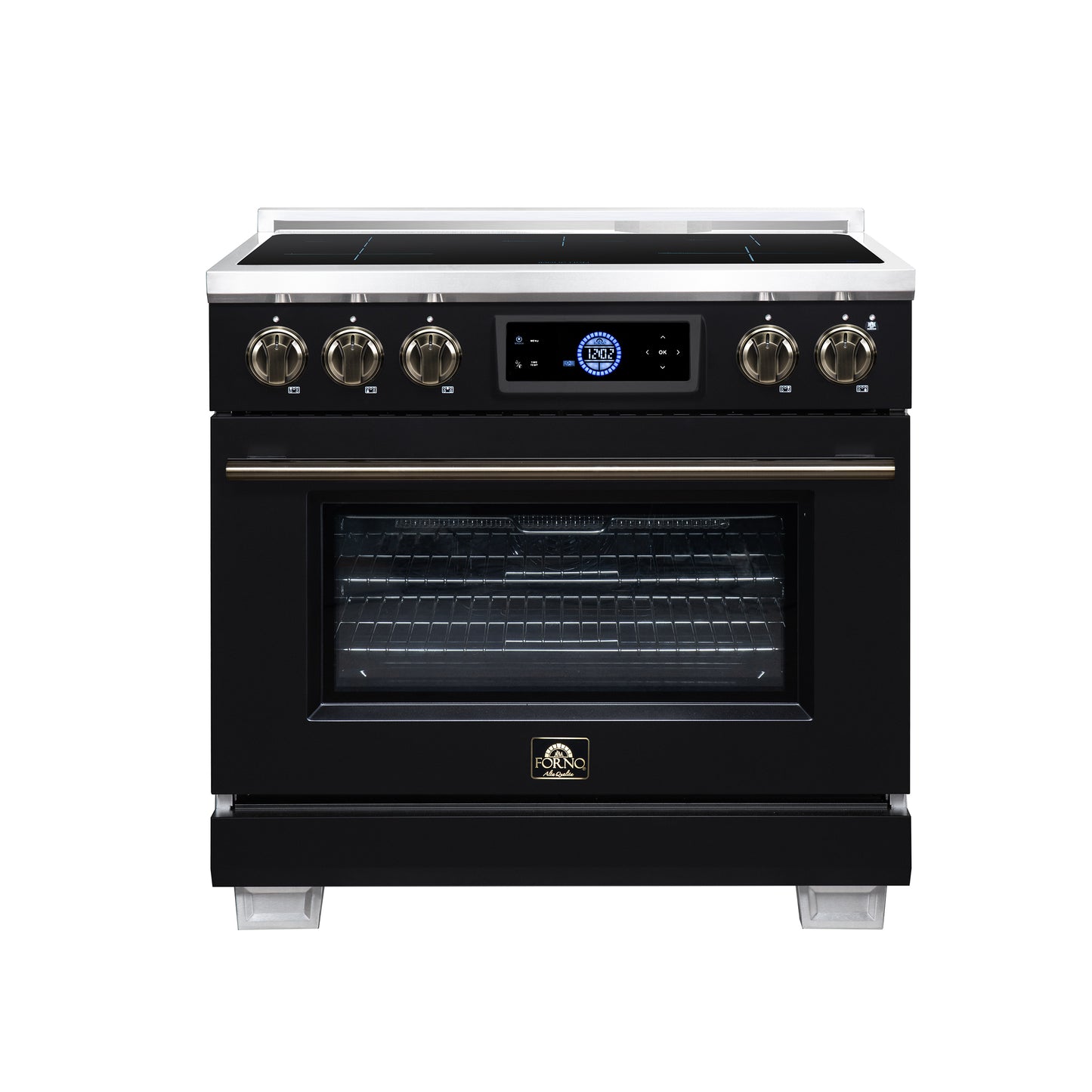 Maximus 36 Inch Induction Range, 10,900 Total Cooktop, 5.36 cf. True Convection Oven, Air Fryer, Air Sous Vide, Black - Forno Appliances