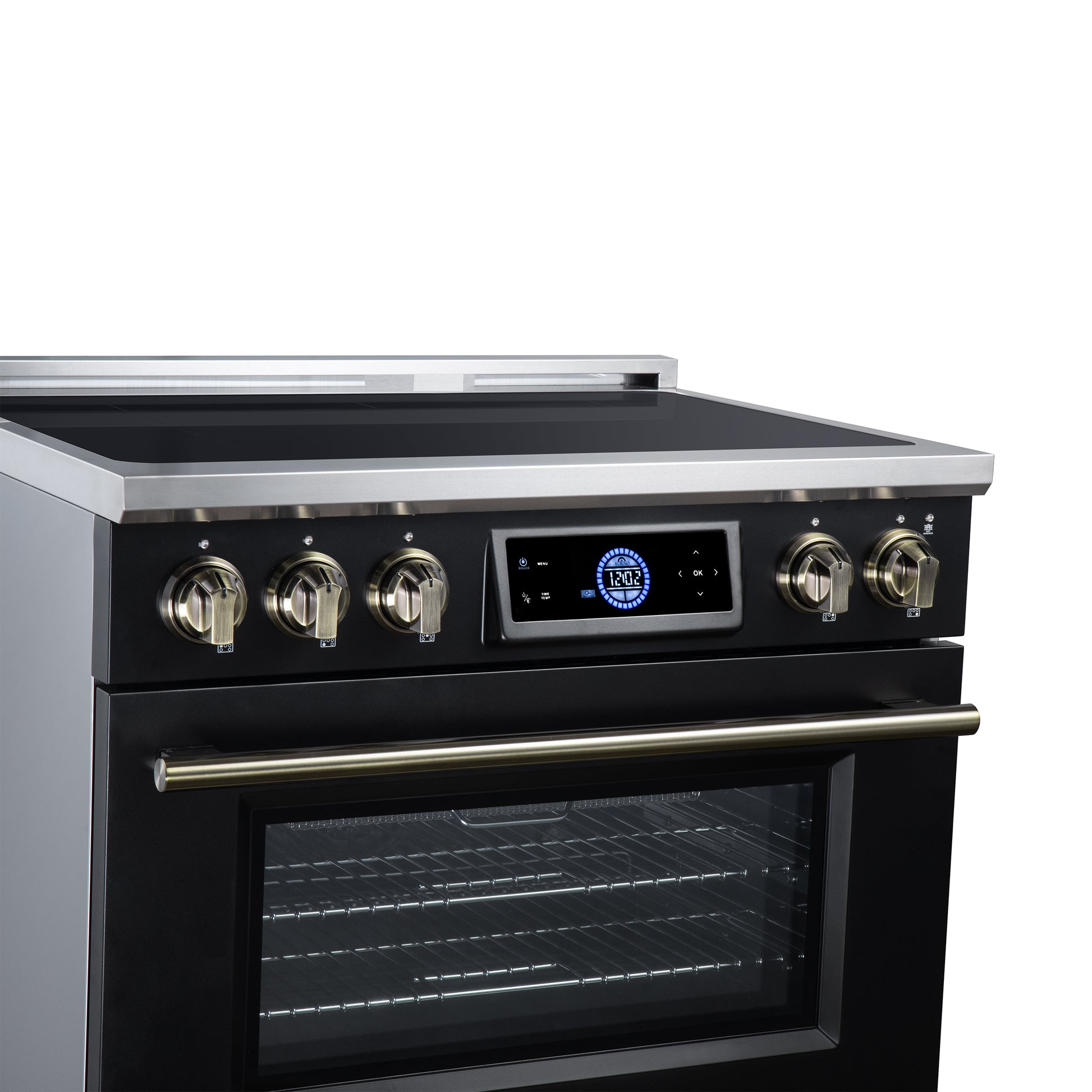 Maximus 36 Inch Induction Range, 10,900 Total Cooktop, 5.36 cf. True Convection Oven, Air Fryer, Air Sous Vide, Black - Forno Appliances
