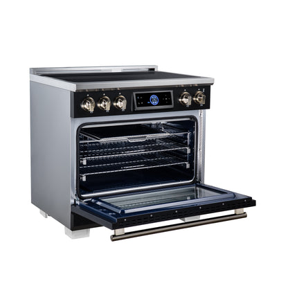 Maximus 36 Inch Induction Range, 10,900 Total Cooktop, 5.36 cf. True Convection Oven, Air Fryer, Air Sous Vide, Black - Forno Appliances