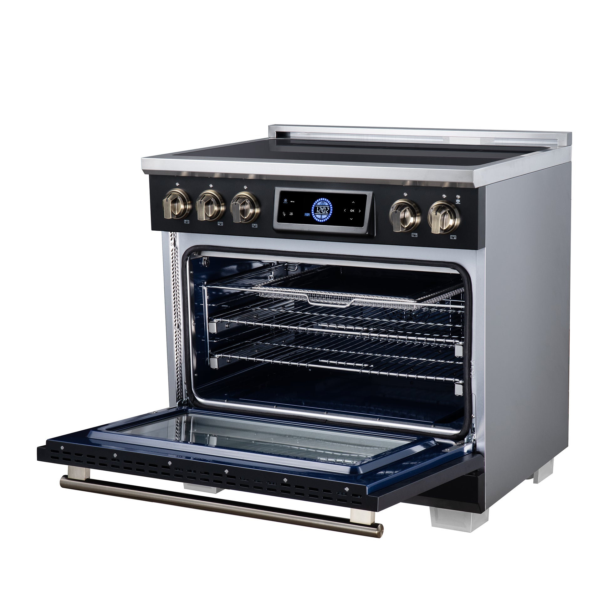 Maximus 36 Inch Induction Range, 10,900 Total Cooktop, 5.36 cf. True Convection Oven, Air Fryer, Air Sous Vide, Black - Forno Appliances