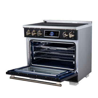Maximus 36 Inch Induction Range, 10,900 Total Cooktop, 5.36 cf. True Convection Oven, Air Fryer, Air Sous Vide, Black - Forno Appliances
