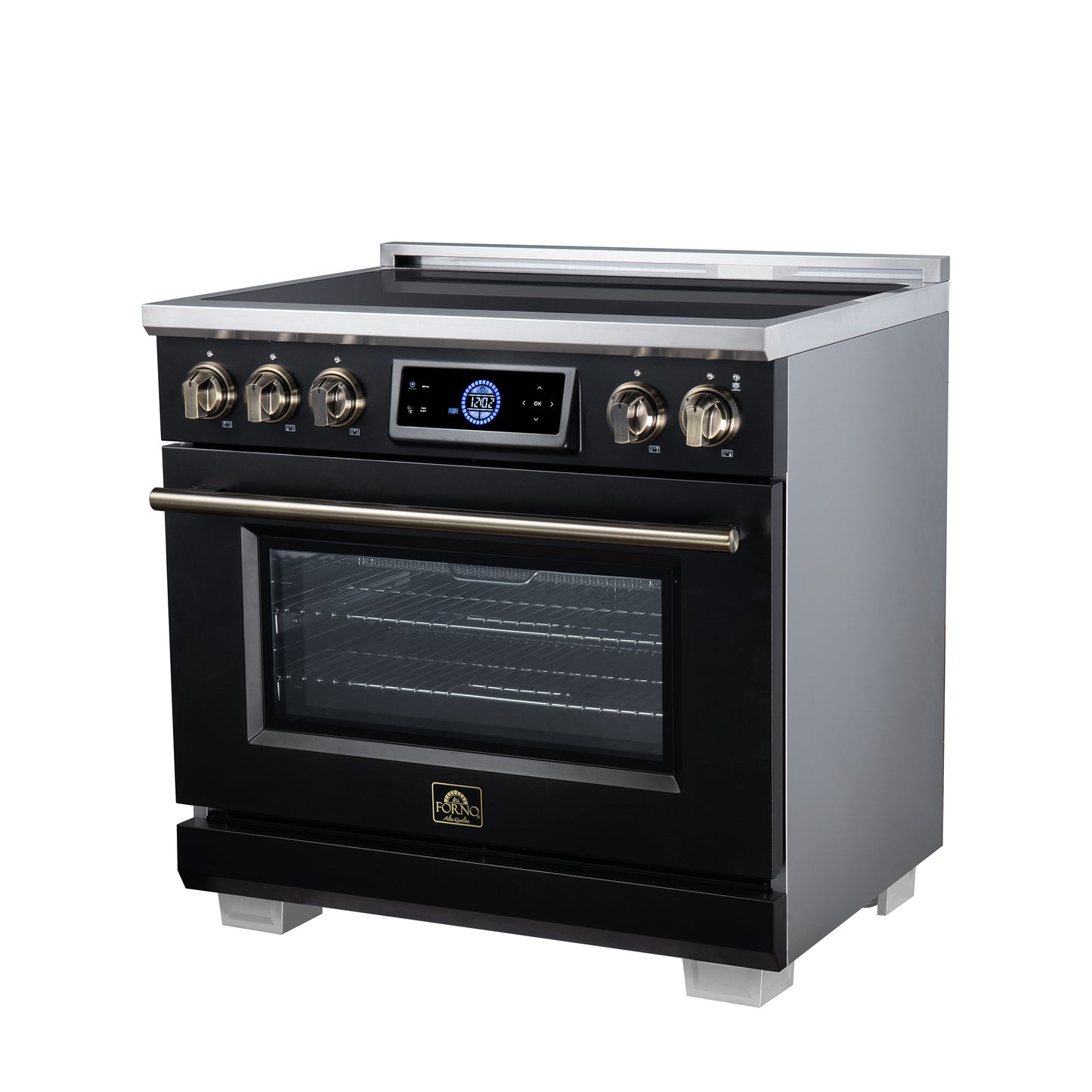 Maximus 36 Inch Induction Range, 10,900 Total Cooktop, 5.36 cf. True Convection Oven, Air Fryer, Air Sous Vide, Black - Forno Appliances