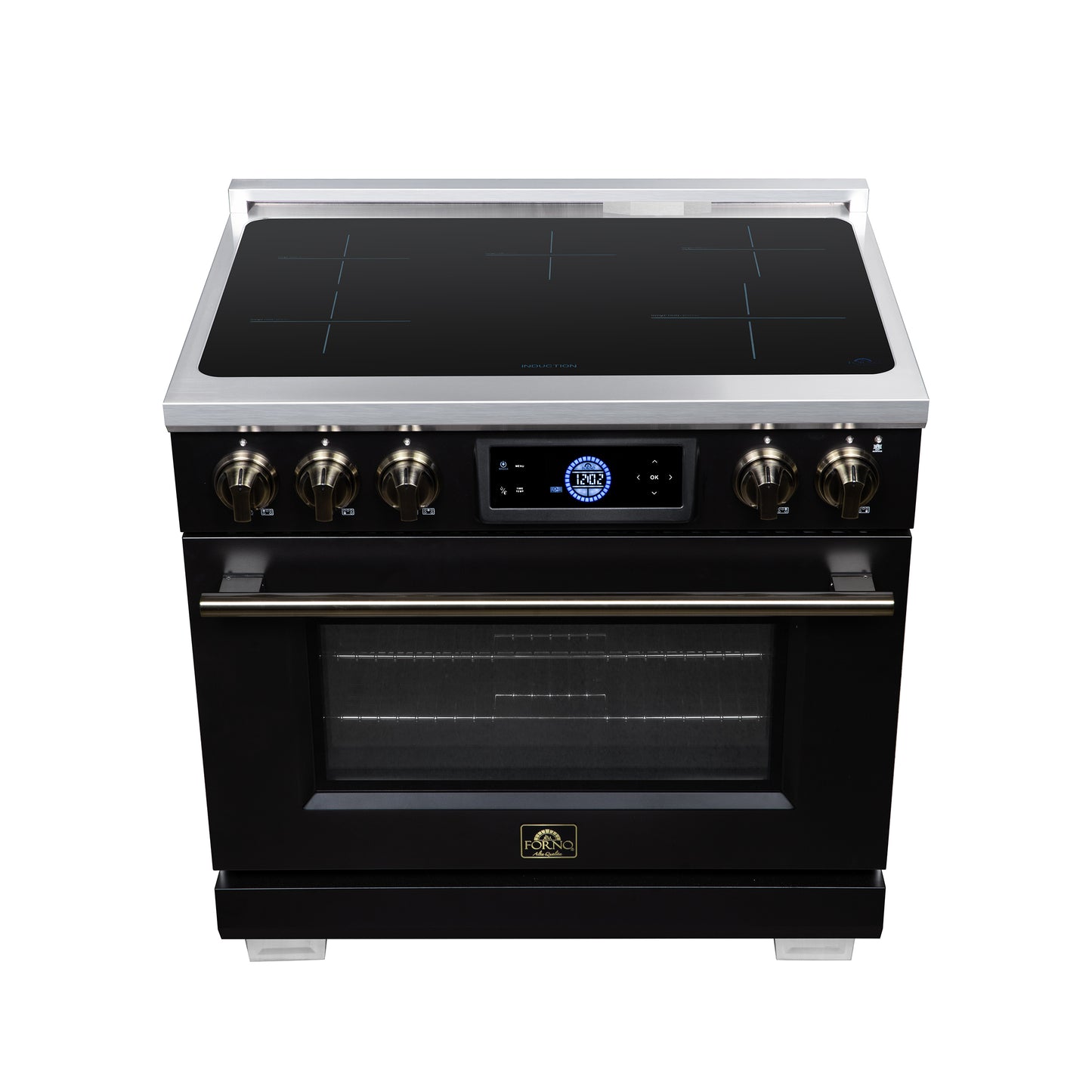 Maximus 36 Inch Induction Range, 10,900 Total Cooktop, 5.36 cf. True Convection Oven, Air Fryer, Air Sous Vide, Black - Forno Appliances