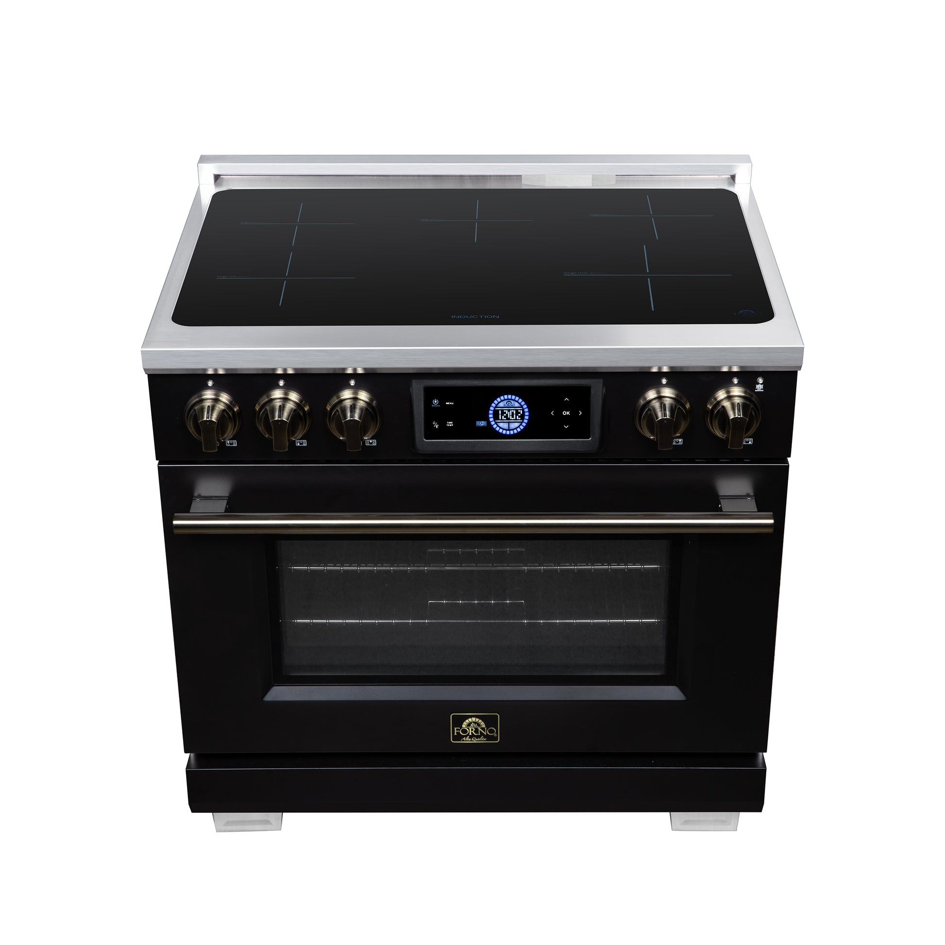 Maximus 36 Inch Induction Range, 10,900 Total Cooktop, 5.36 cf. True Convection Oven, Air Fryer, Air Sous Vide, Black - Forno Appliances