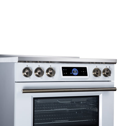 Maximus 36 Inch Induction Range, 10,900 Total Cooktop, 5.36 cf. True Convection Oven, Air Fryer, Air Sous Vide, White - Forno Appliances