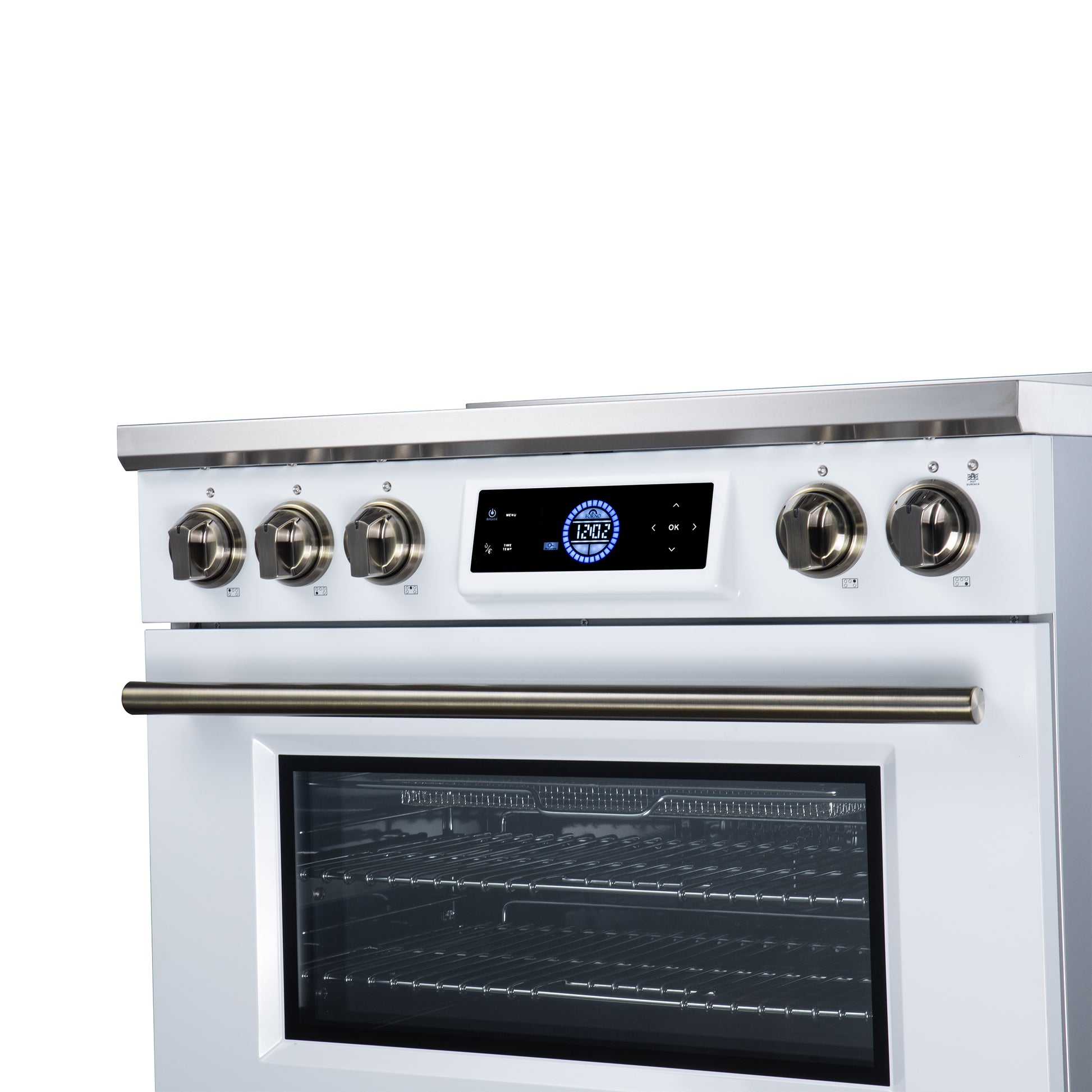 Maximus 36 Inch Induction Range, 10,900 Total Cooktop, 5.36 cf. True Convection Oven, Air Fryer, Air Sous Vide, White - Forno Appliances