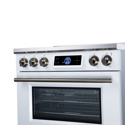 Maximus 36 Inch Induction Range, 10,900 Total Cooktop, 5.36 cf. True Convection Oven, Air Fryer, Air Sous Vide, White - Forno Appliances