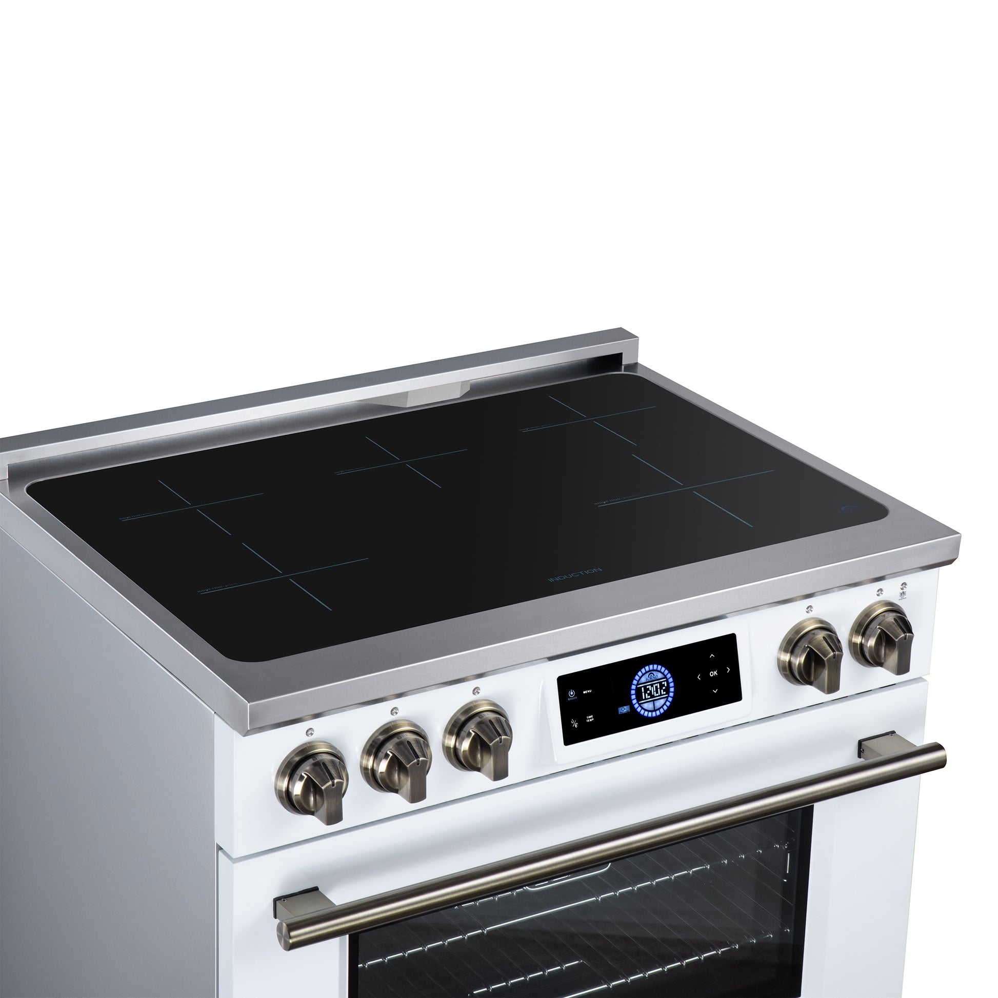 Maximus 36 Inch Induction Range, 10,900 Total Cooktop, 5.36 cf. True Convection Oven, Air Fryer, Air Sous Vide, White - Forno Appliances