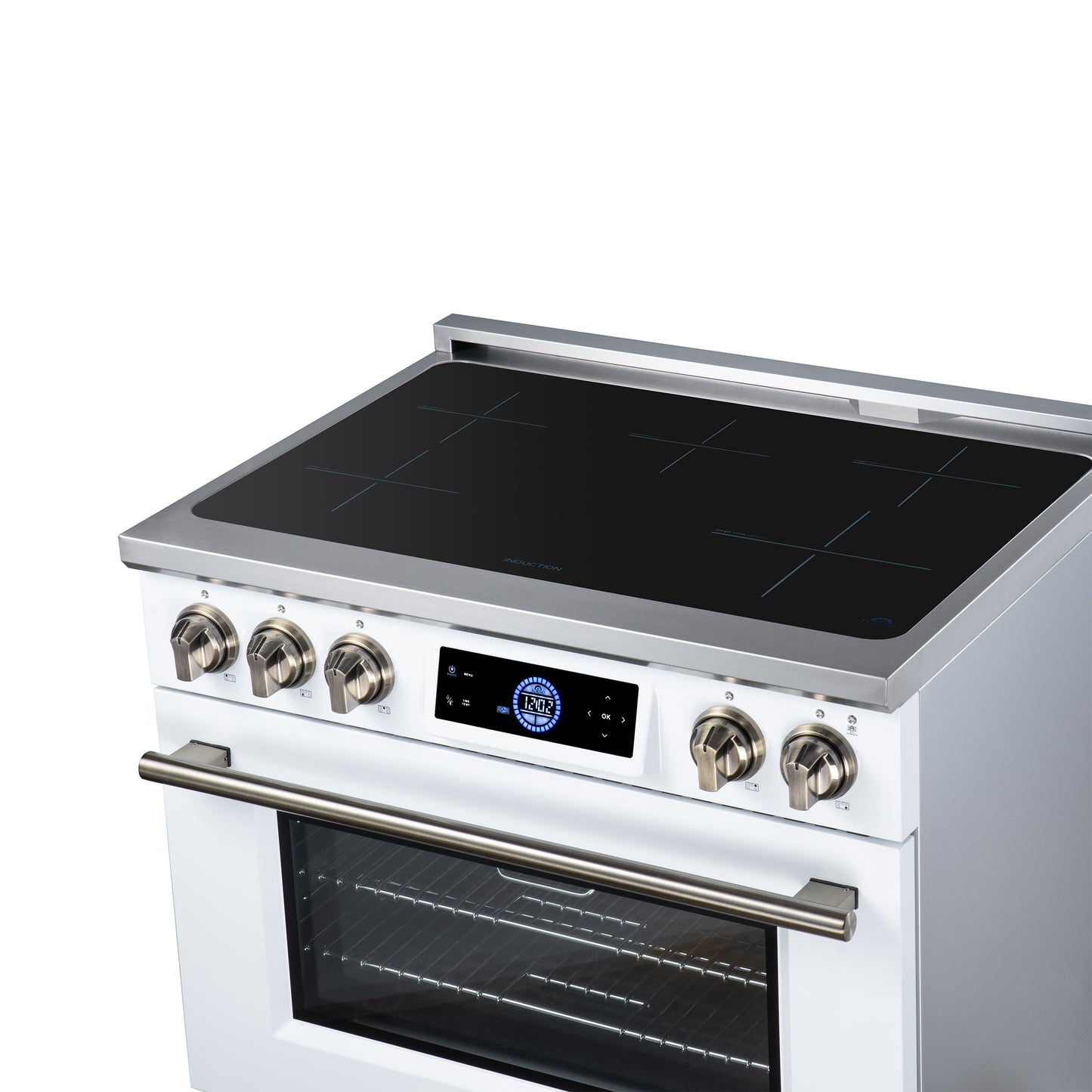 Maximus 36 Inch Induction Range, 10,900 Total Cooktop, 5.36 cf. True Convection Oven, Air Fryer, Air Sous Vide, White - Forno Appliances