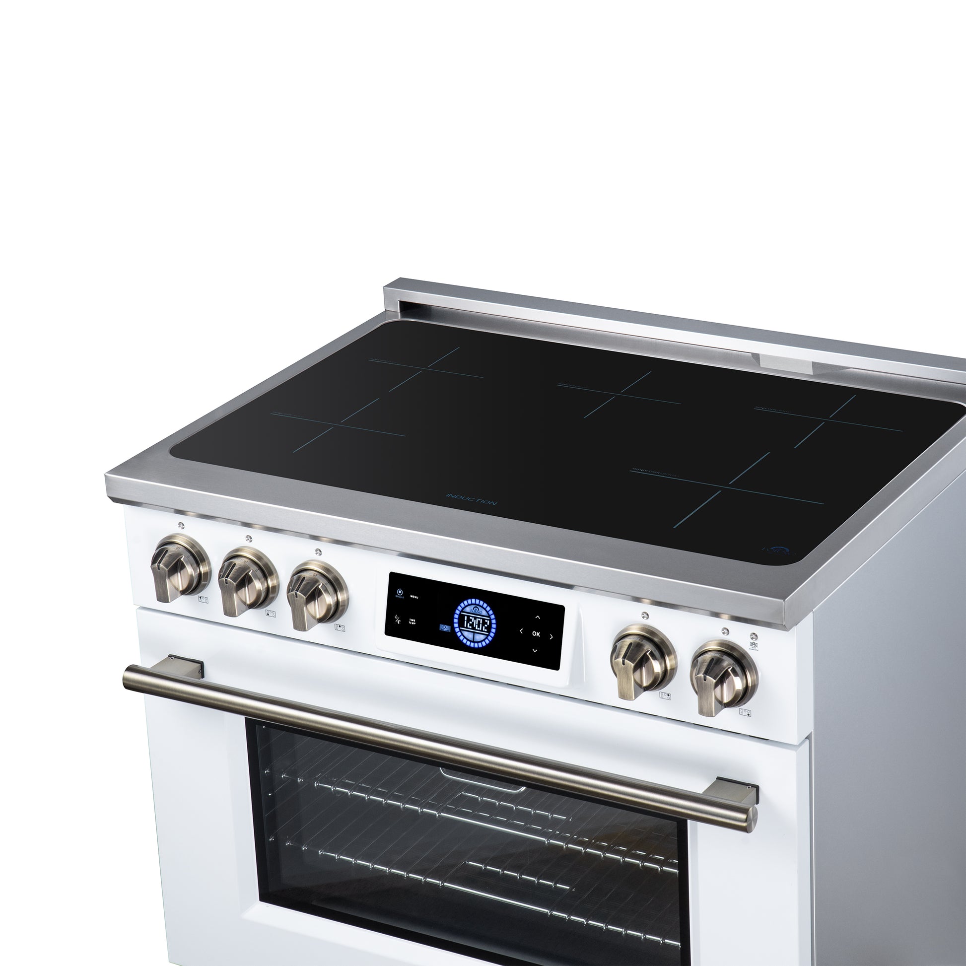 Maximus 36 Inch Induction Range, 10,900 Total Cooktop, 5.36 cf. True Convection Oven, Air Fryer, Air Sous Vide, White - Forno Appliances