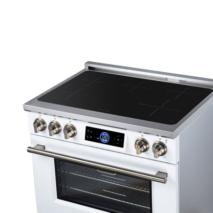 Maximus 36 Inch Induction Range, 10,900 Total Cooktop, 5.36 cf. True Convection Oven, Air Fryer, Air Sous Vide, White - Forno Appliances