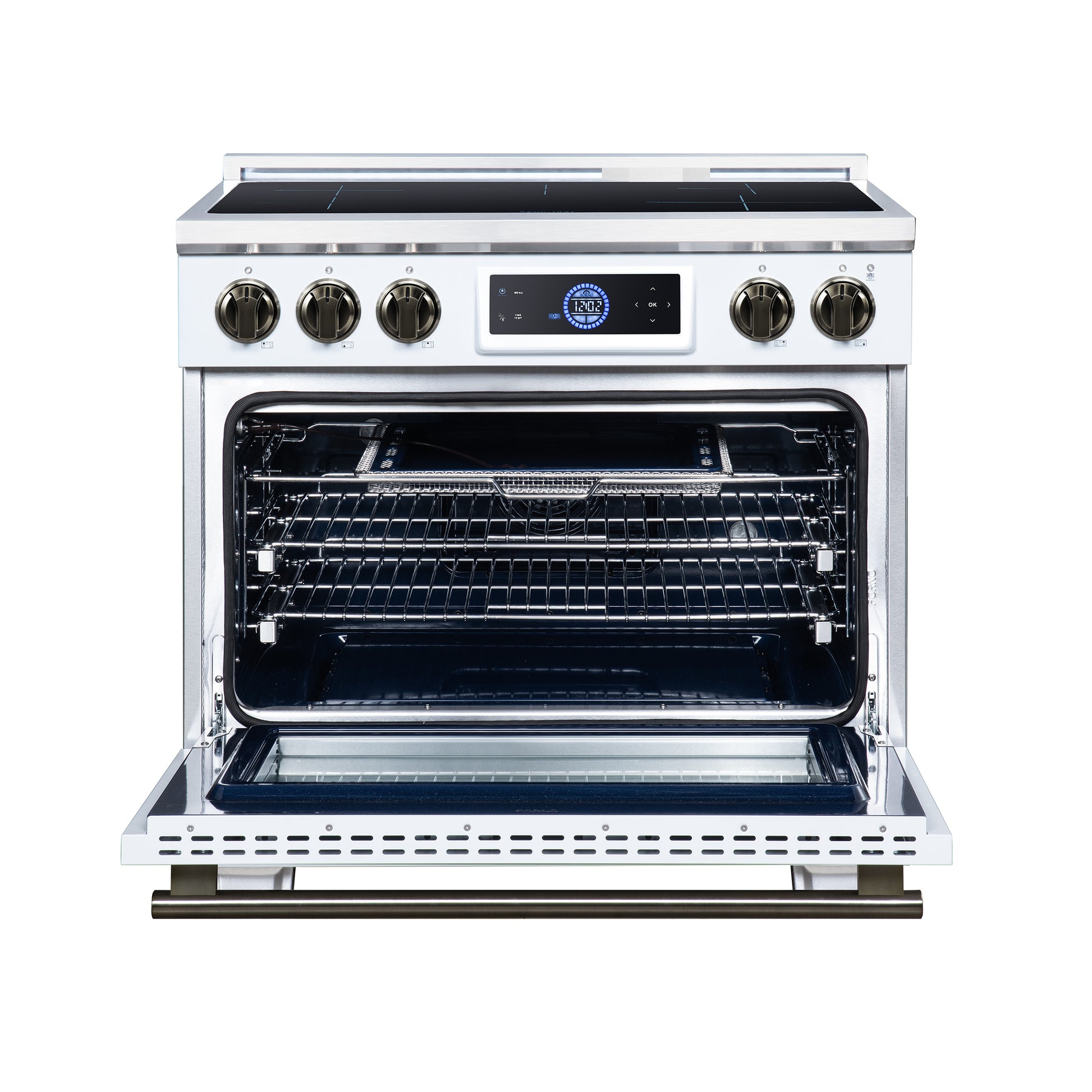 Maximus 36 Inch Induction Range, 10,900 Total Cooktop, 5.36 cf. True Convection Oven, Air Fryer, Air Sous Vide, White - Forno Appliances