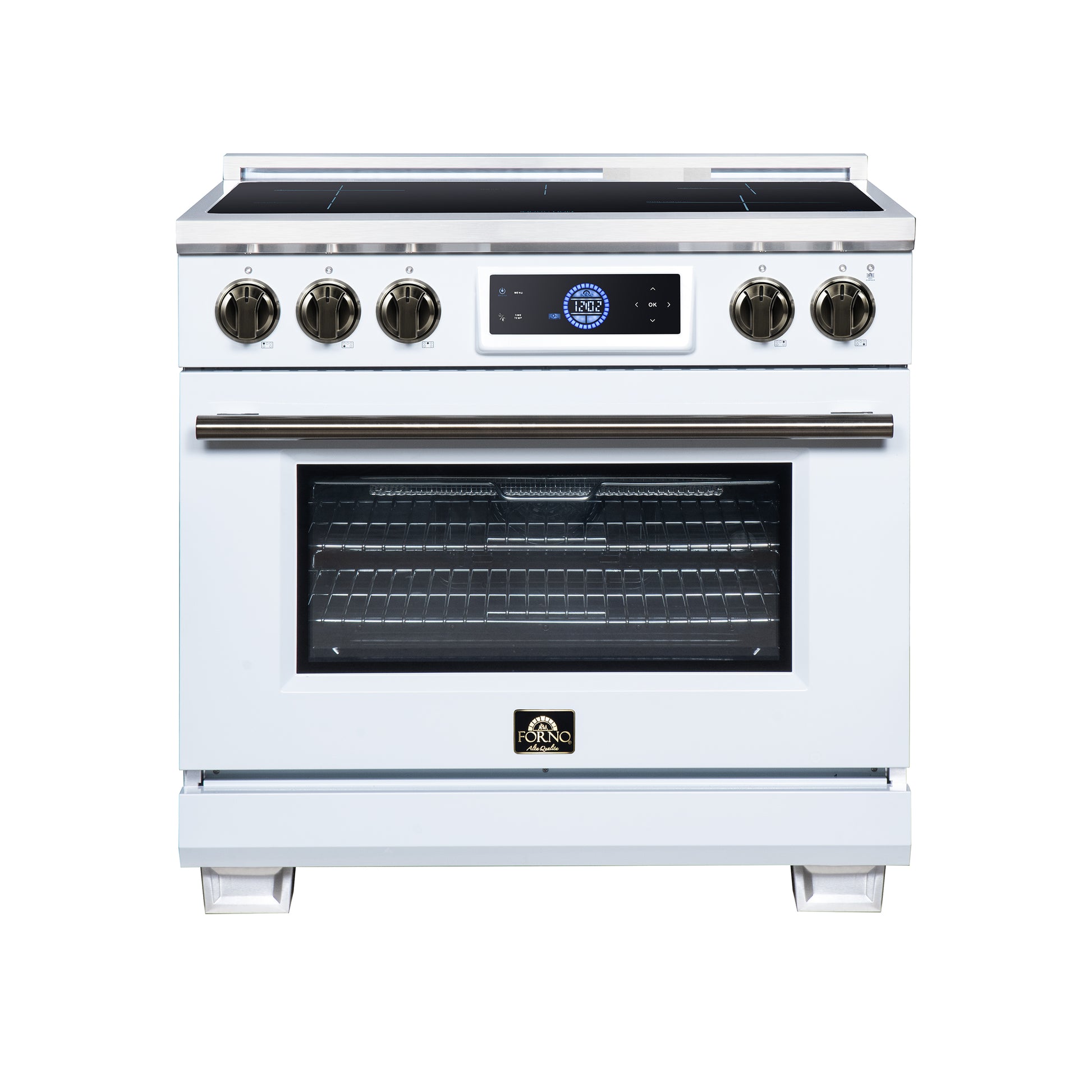 Maximus 36 Inch Induction Range, 10,900 Total Cooktop, 5.36 cf. True Convection Oven, Air Fryer, Air Sous Vide, White - Forno Appliances