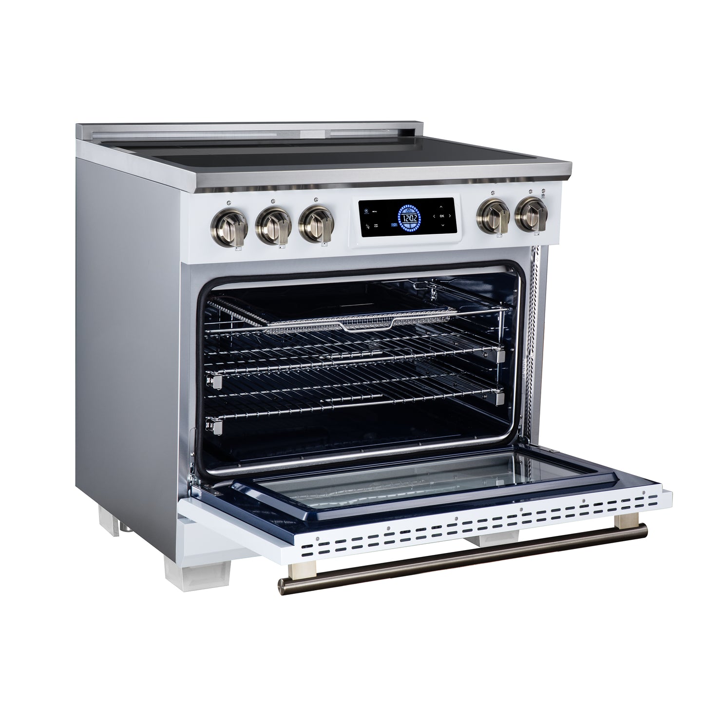 Maximus 36 Inch Induction Range, 10,900 Total Cooktop, 5.36 cf. True Convection Oven, Air Fryer, Air Sous Vide, White - Forno Appliances