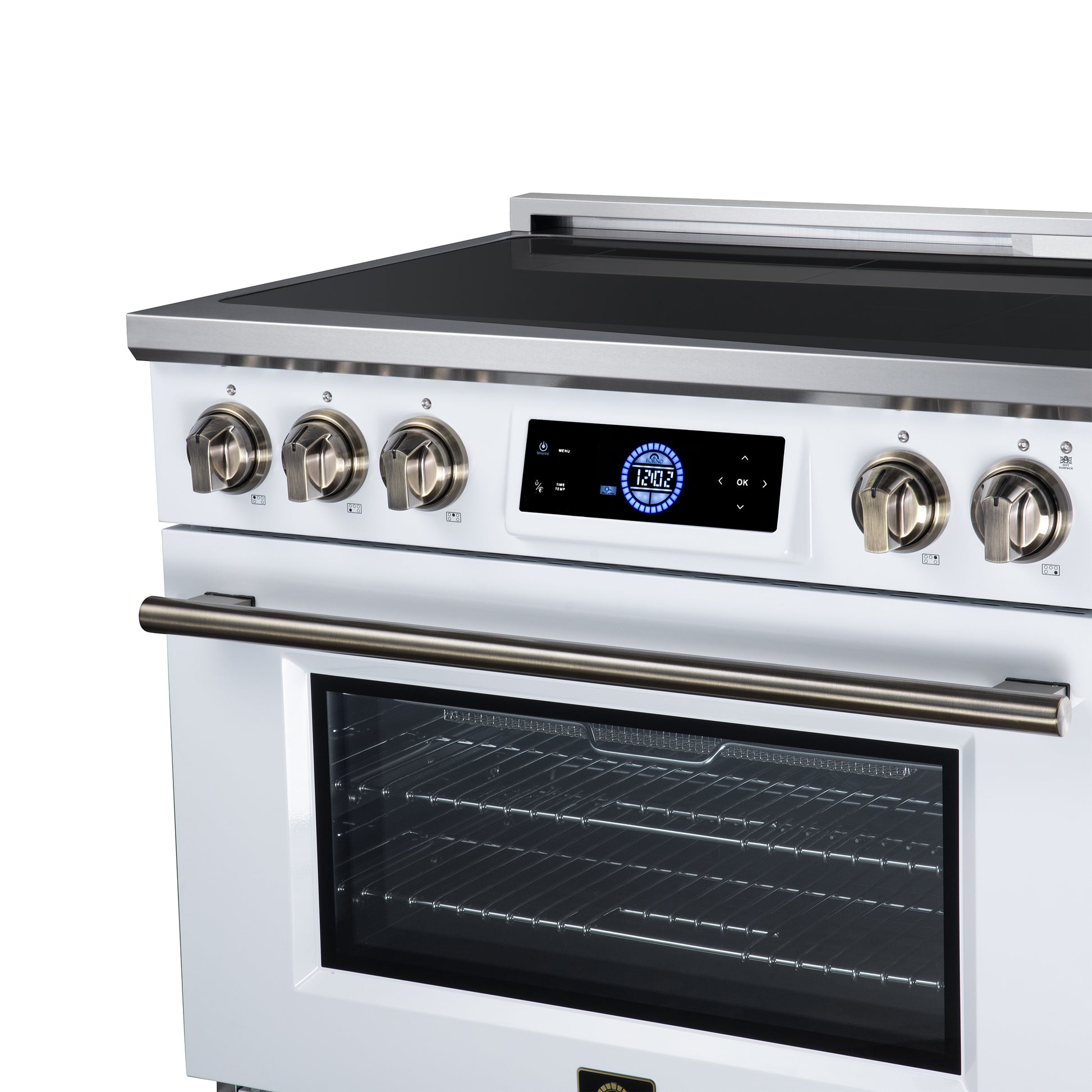 Maximus 36 Inch Induction Range, 10,900 Total Cooktop, 5.36 cf. True Convection Oven, Air Fryer, Air Sous Vide, White - Forno Appliances