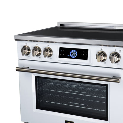 Maximus 36 Inch Induction Range, 10,900 Total Cooktop, 5.36 cf. True Convection Oven, Air Fryer, Air Sous Vide, White - Forno Appliances