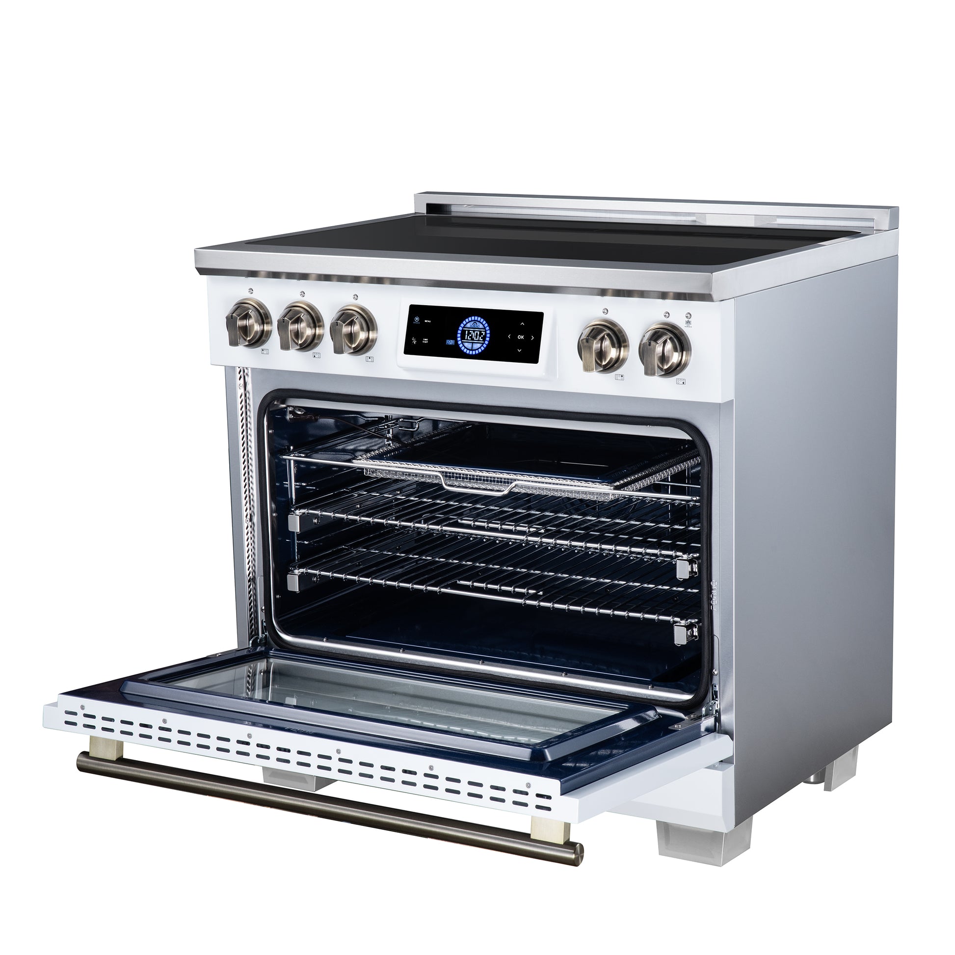 Maximus 36 Inch Induction Range, 10,900 Total Cooktop, 5.36 cf. True Convection Oven, Air Fryer, Air Sous Vide, White - Forno Appliances