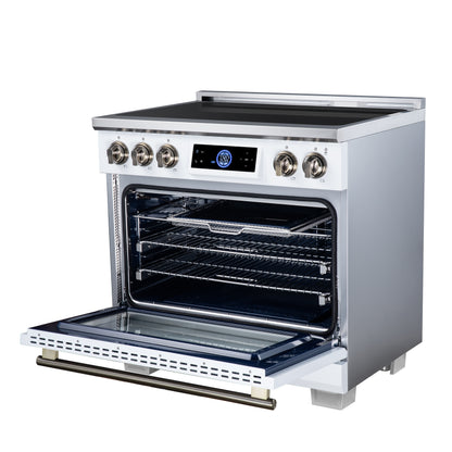 Maximus 36 Inch Induction Range, 10,900 Total Cooktop, 5.36 cf. True Convection Oven, Air Fryer, Air Sous Vide, White - Forno Appliances