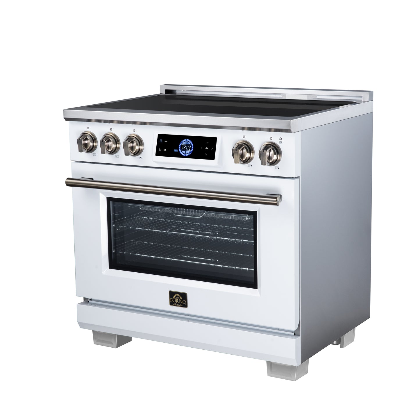 Maximus 36 Inch Induction Range, 10,900 Total Cooktop, 5.36 cf. True Convection Oven, Air Fryer, Air Sous Vide, White - Forno Appliances