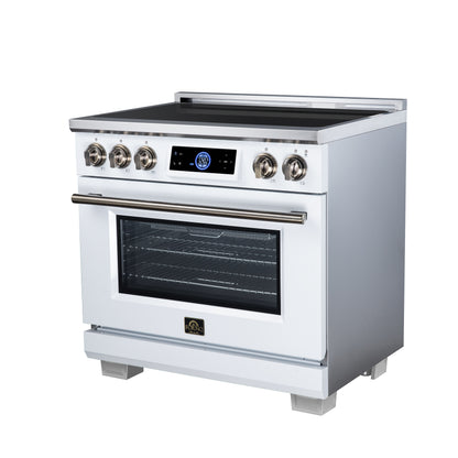 Maximus 36 Inch Induction Range, 10,900 Total Cooktop, 5.36 cf. True Convection Oven, Air Fryer, Air Sous Vide, White - Forno Appliances