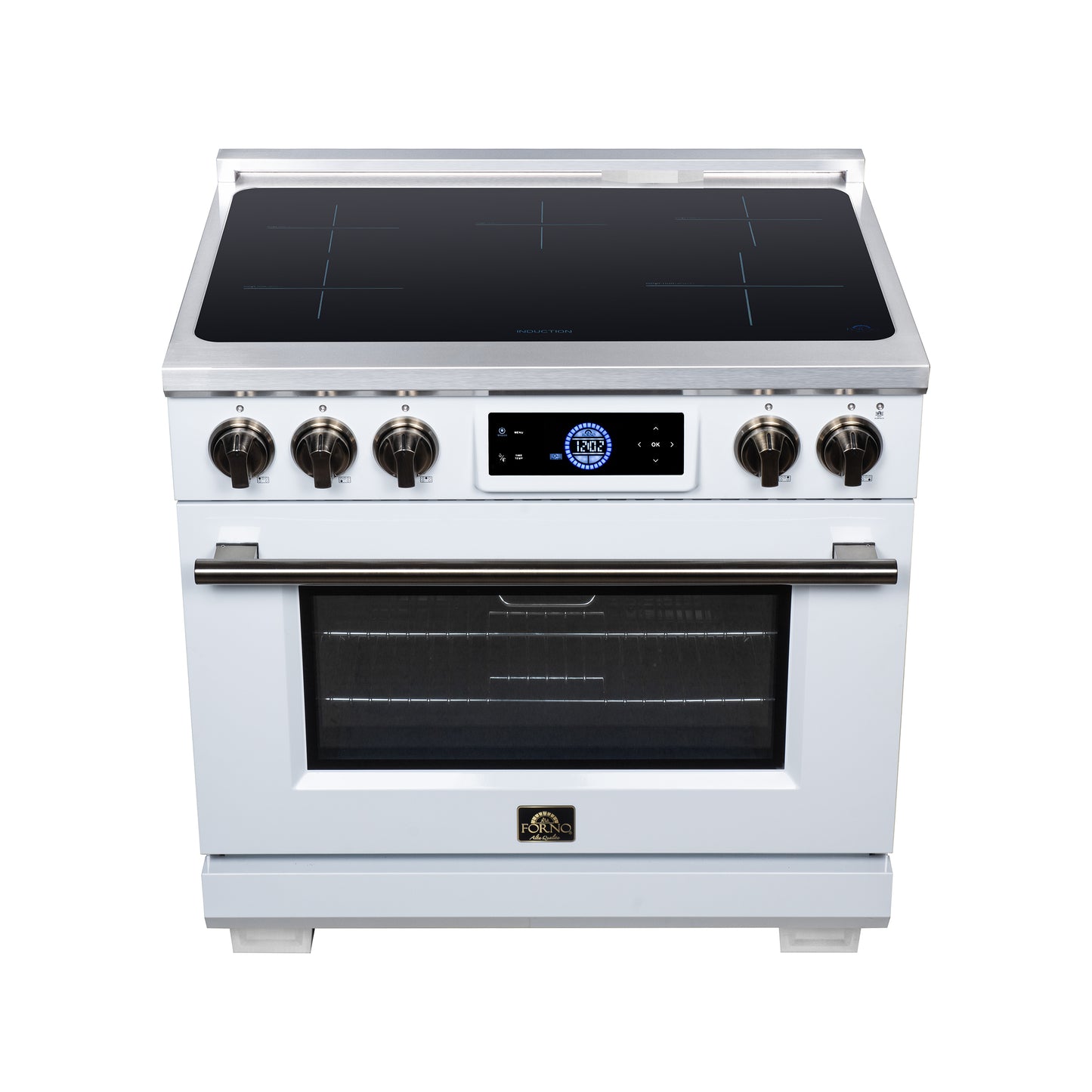 Maximus 36 Inch Induction Range, 10,900 Total Cooktop, 5.36 cf. True Convection Oven, Air Fryer, Air Sous Vide, White - Forno Appliances