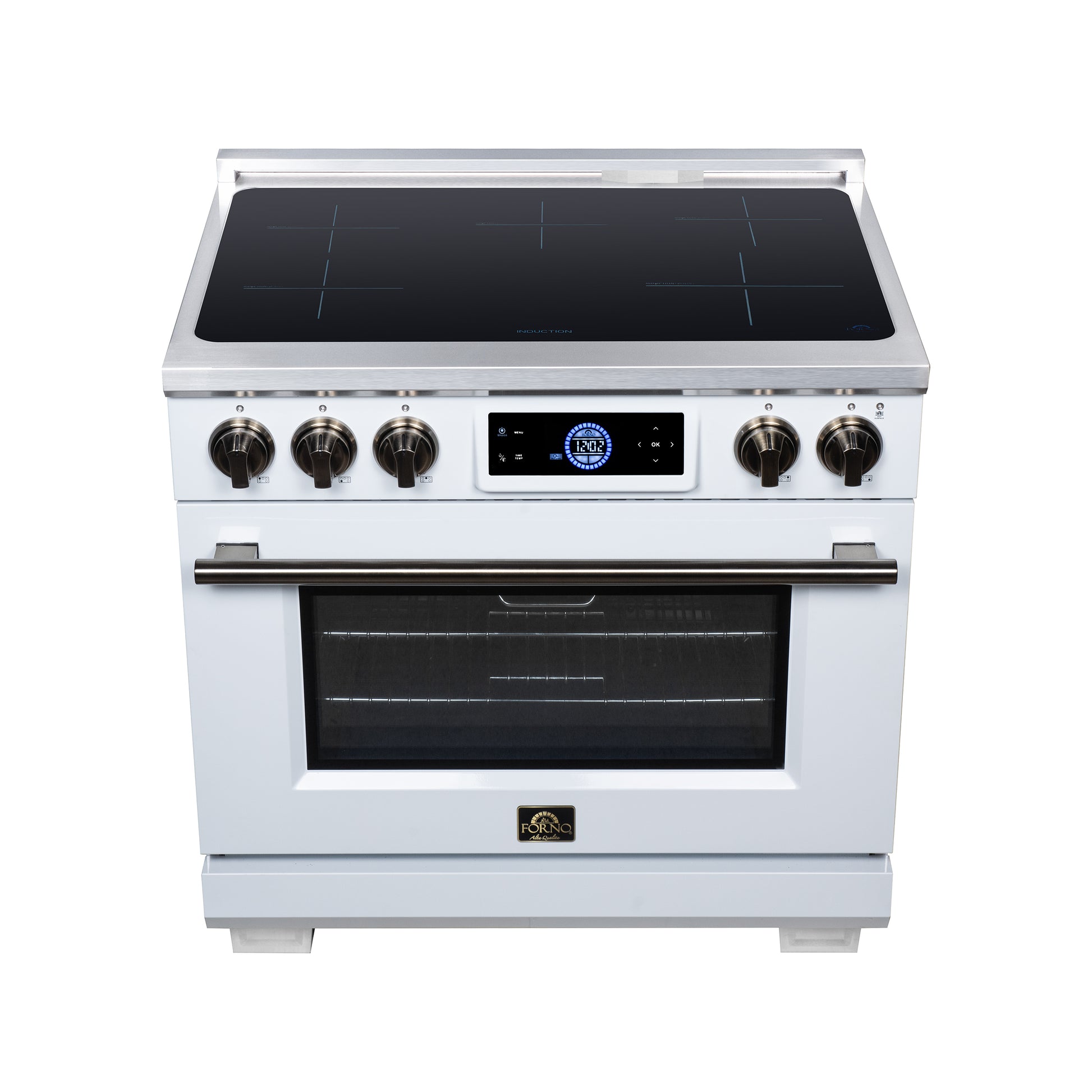 Maximus 36 Inch Induction Range, 10,900 Total Cooktop, 5.36 cf. True Convection Oven, Air Fryer, Air Sous Vide, White - Forno Appliances