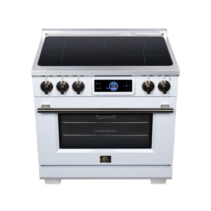 Maximus 36 Inch Induction Range, 10,900 Total Cooktop, 5.36 cf. True Convection Oven, Air Fryer, Air Sous Vide, White - Forno Appliances