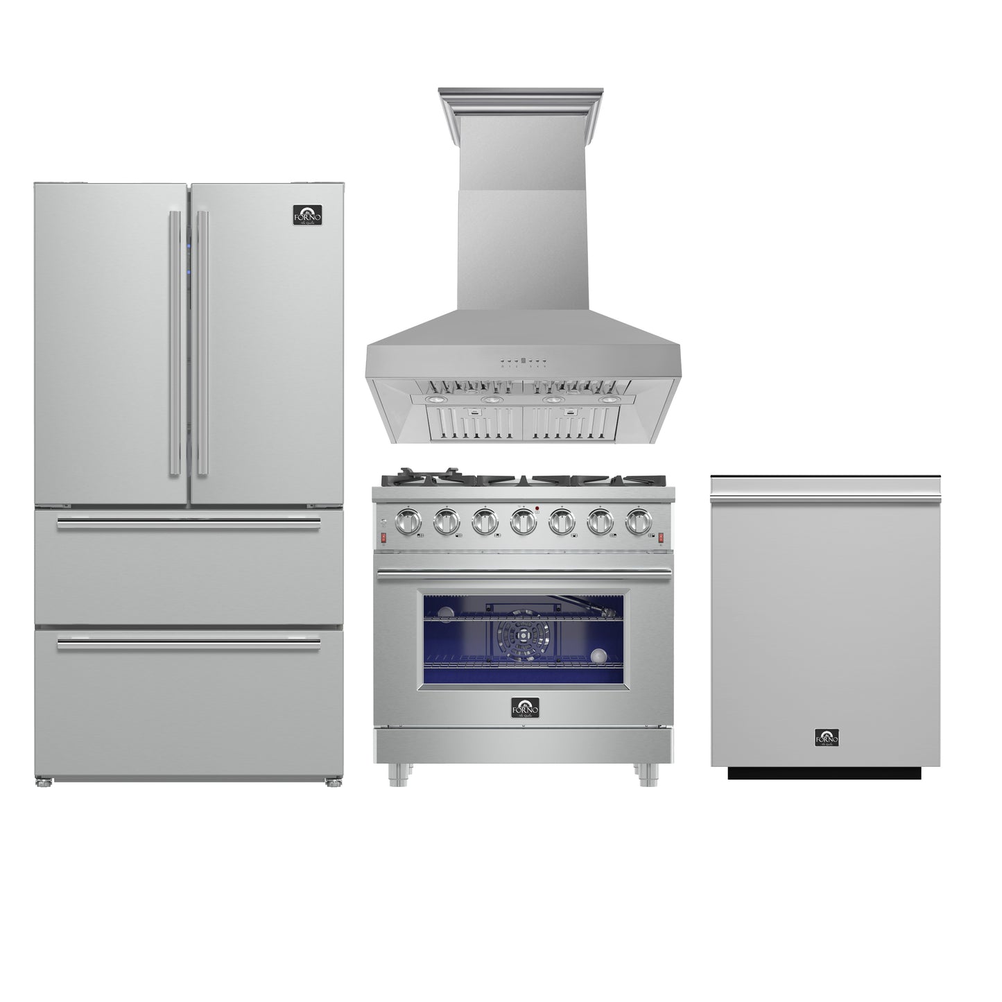 FORNO 4-Piece SS Kitchen Bundle - 36" Gas Range, 36" Fr. Door Refrigerator, 36" Hood, 24" Dishwasher - Forno Appliances
