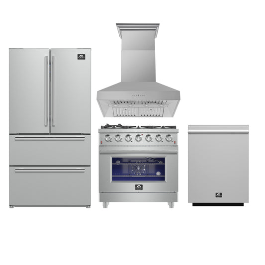 FORNO 4-Piece SS Kitchen Bundle - 36" Gas Range, 36" Fr. Door Refrigerator, 36" Hood, 24" Dishwasher - Forno Appliances