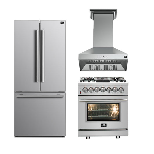 FORNO 3-Piece SS Kitchen Bundle - 30" Gas Range, 31" French Door Refrigerator and 30" Range Hood - Forno Appliances