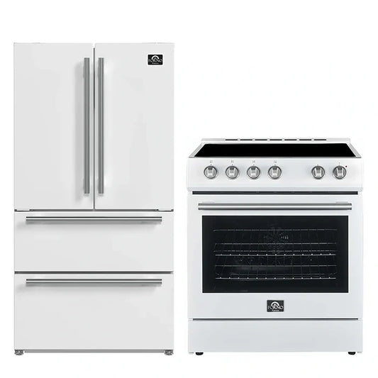 FORNO 2-Piece White Kitchen Bundle - 30" Electric Range and 36" Bottom Freezer Refrigerator - Forno Appliances