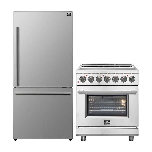 FORNO 2-Piece SS Kitchen Bundle - 30" Electric Range and 31" Bottom Freezer Refrigerator - Forno Appliances