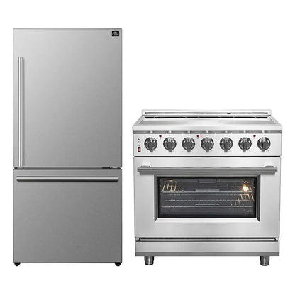 FORNO 2-Piece SS Kitchen Bundle - 36" Electric Range and 31" Bottom Freezer Refrigerator - Forno Appliances