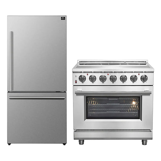 FORNO 2-Piece SS Kitchen Bundle - 36" Electric Range and 31" Bottom Freezer Refrigerator - Forno Appliances