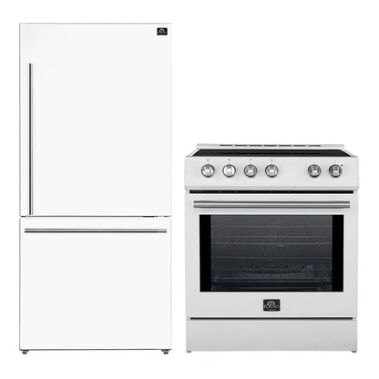 FORNO 2-Piece White Kitchen Bundle - 30" Induction Range and 31" Bottom Freezer Refrigerator - Forno Appliances