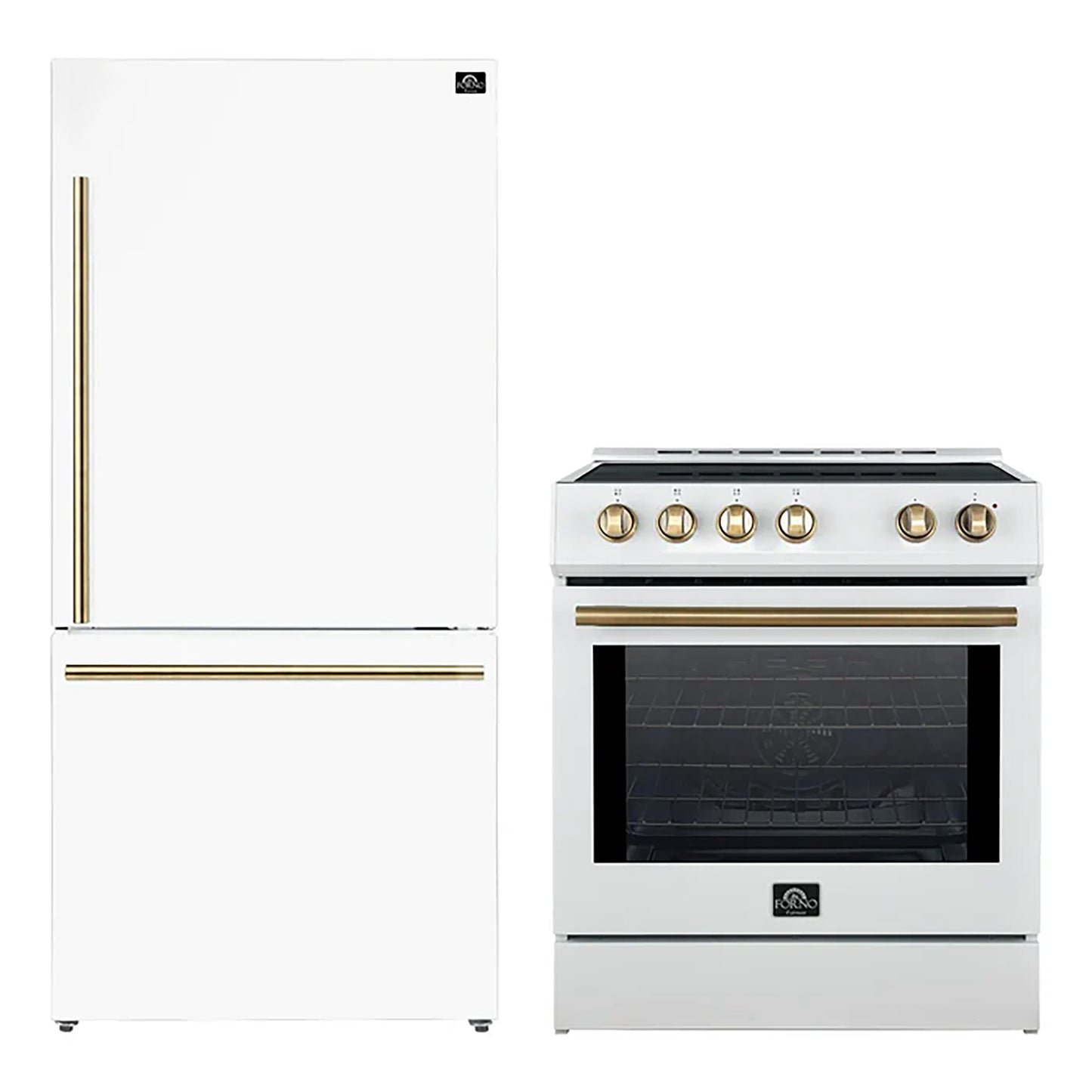FORNO 2-Piece White Kitchen Bundle - 30" Induction Range and 31" Bottom Freezer Refrigerator - Forno Appliances