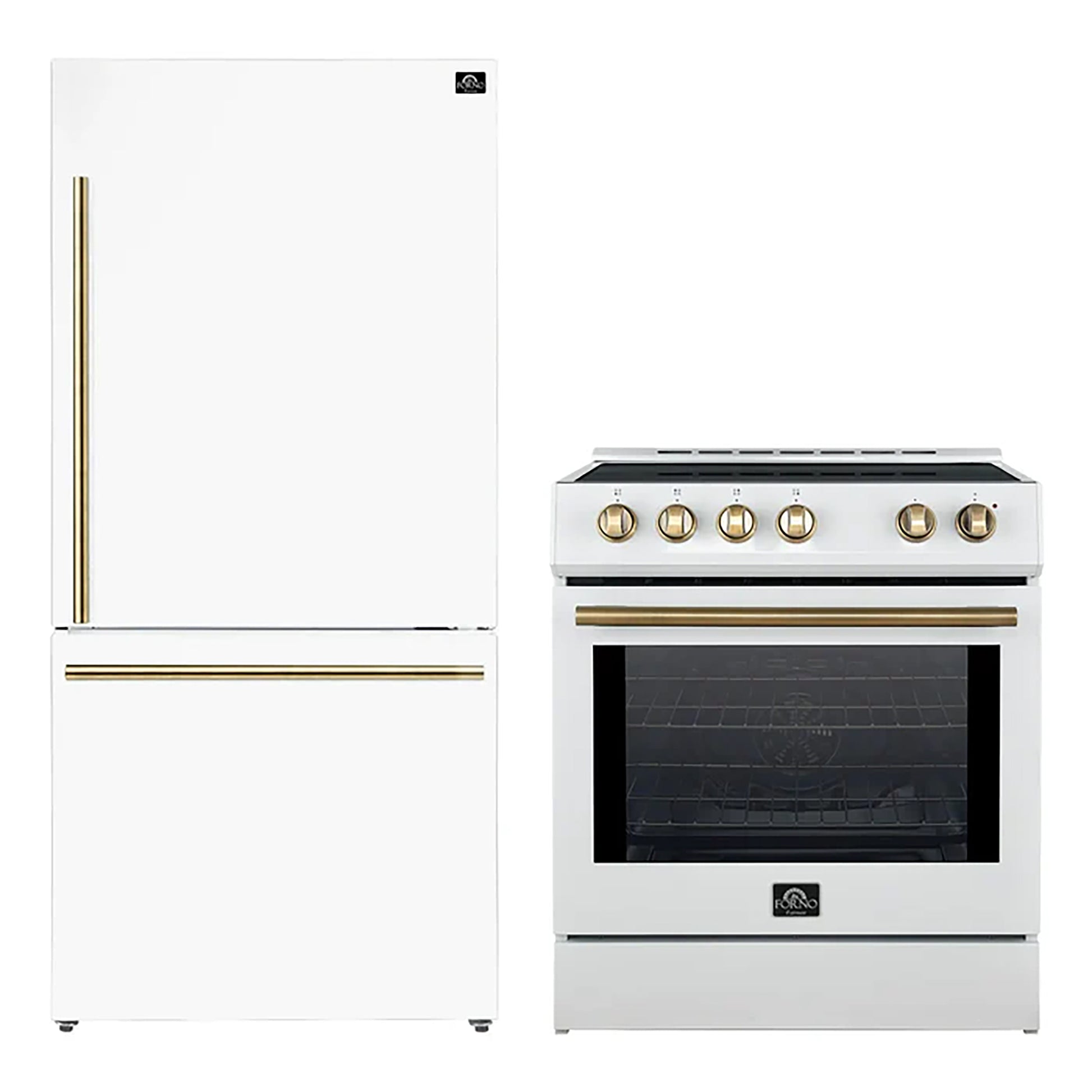 FORNO 2-Piece White Kitchen Bundle - 30" Induction Range and 31" Bottom Freezer Refrigerator - Forno Appliances