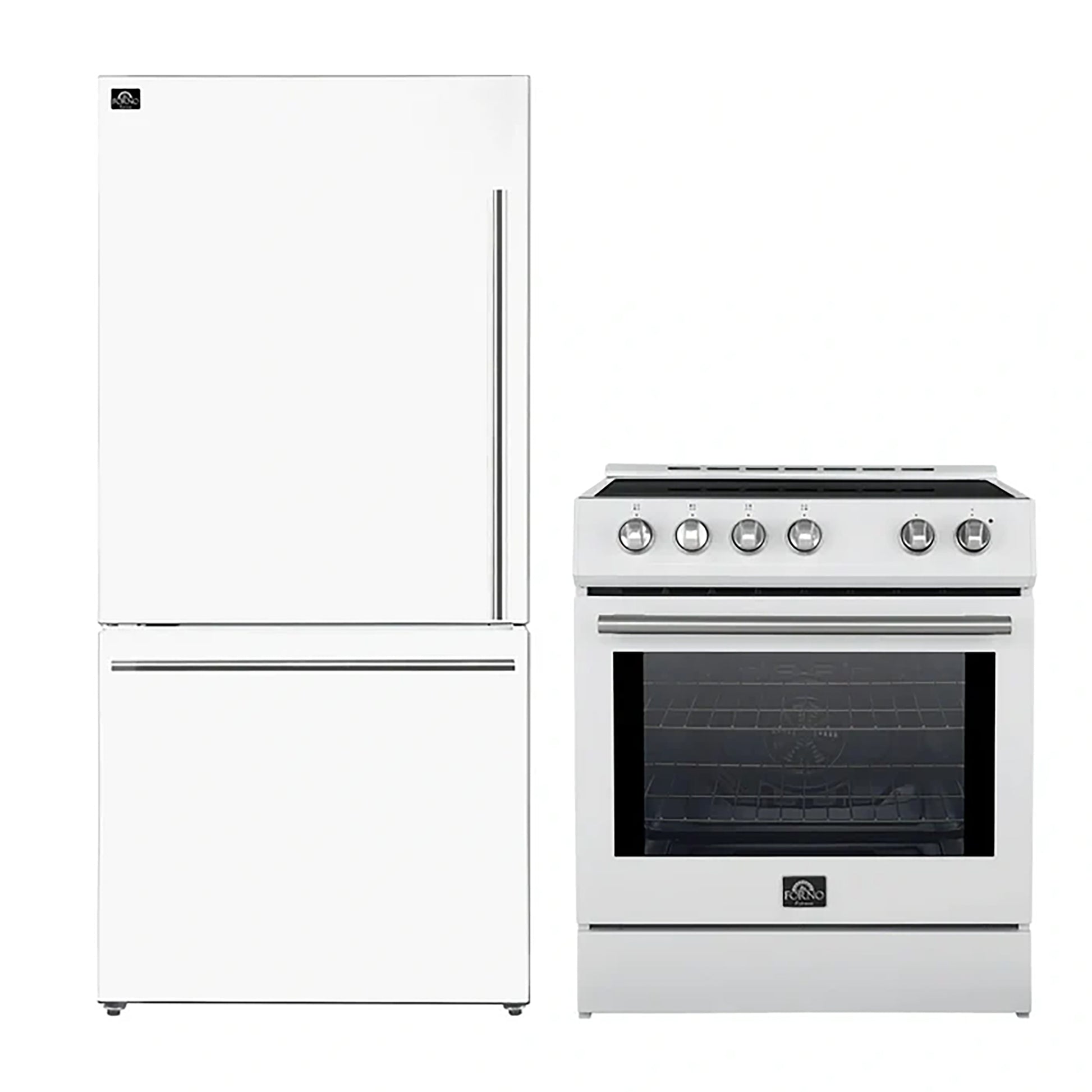 FORNO 2-Piece White Kitchen Bundle - 30" Induction Range and 31" Bottom Freezer Refrigerator - Forno Appliances